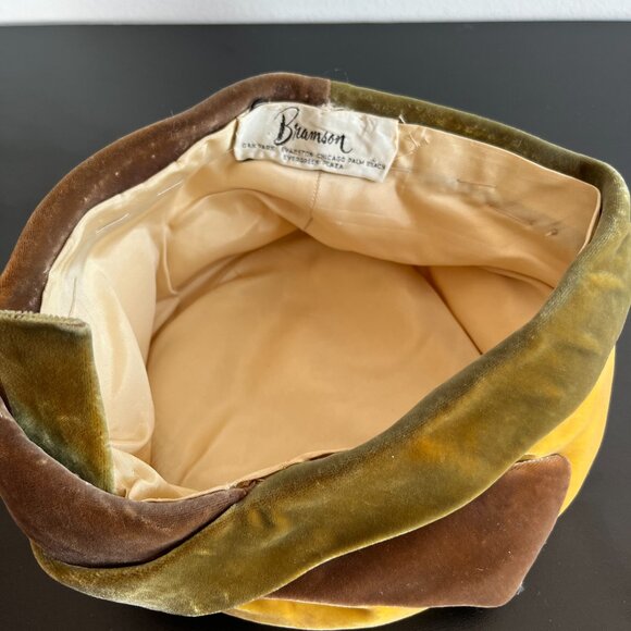 vintage 60s hat mustard yellow velvet cloche pillbox flapper fold cap - Picture 5 of 10